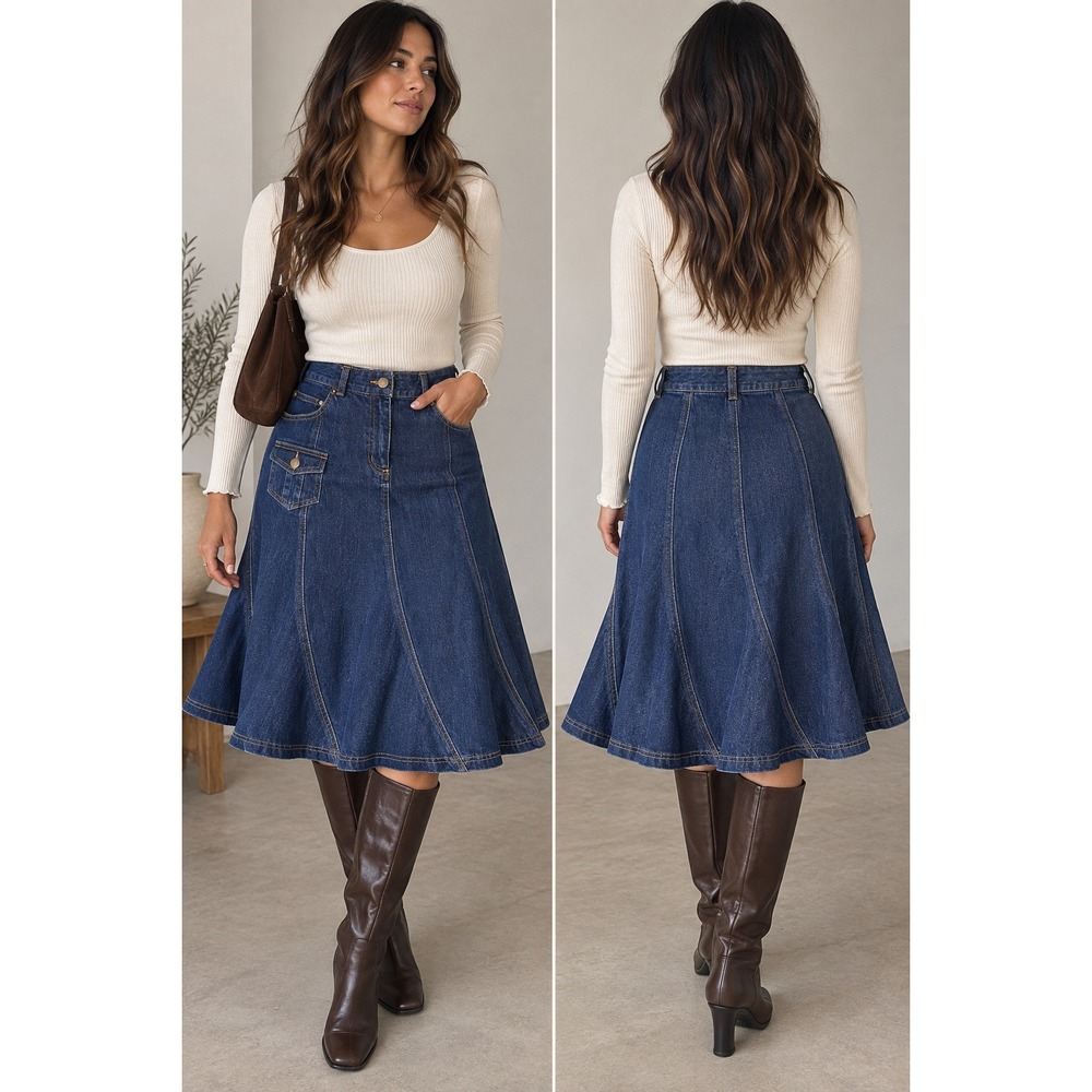 Western Pleated Flare Denim Skirt Midi Sz10 Y2K Americana Boho Utility Retro 90s
